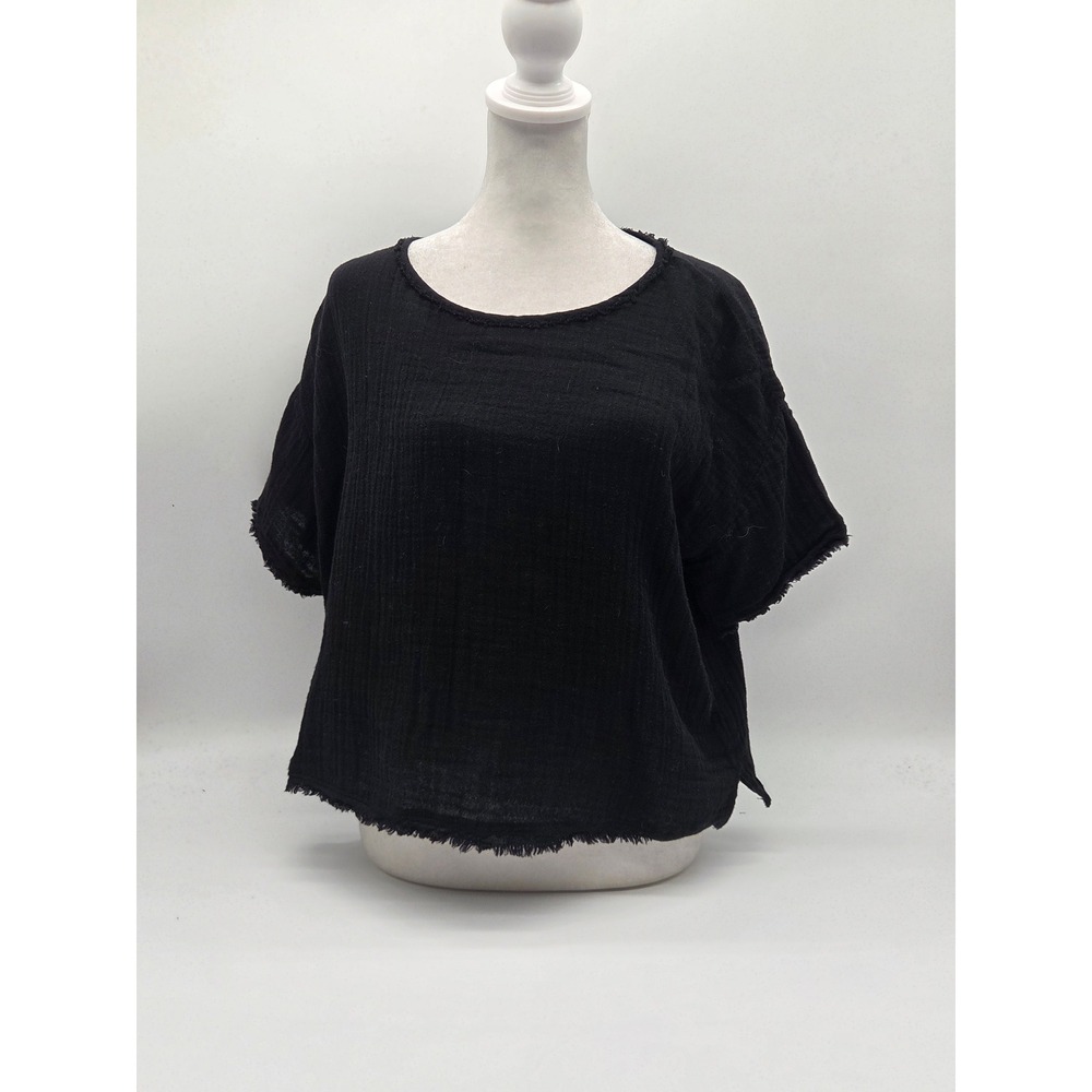 Eileen Fisher XXS Black Organic Cotton Gauze Raw Edge Boxy Top 101-894